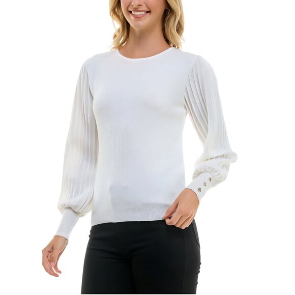 Nanette Lepore White Sparkle Pleated Bishop Sleeve Button Detail Sweater Size M - Picture 1 of 11